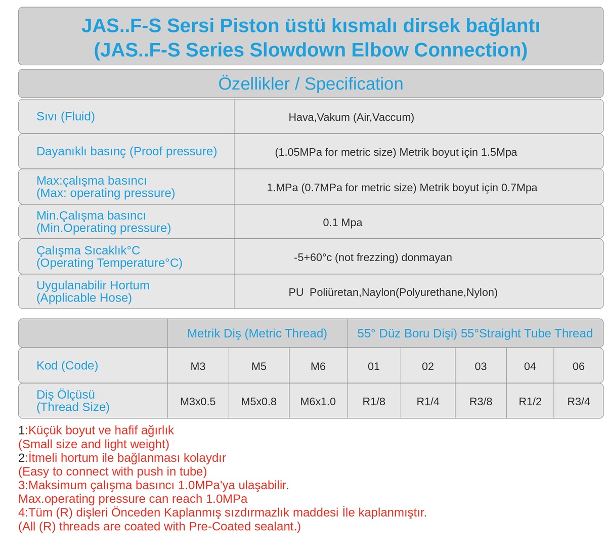 JAS Piston Üstü Kısmalı Dirsek Teknik Veriler