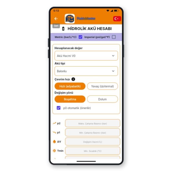 FluidsMaster Hidrolik Akü Hesabı Ekranı